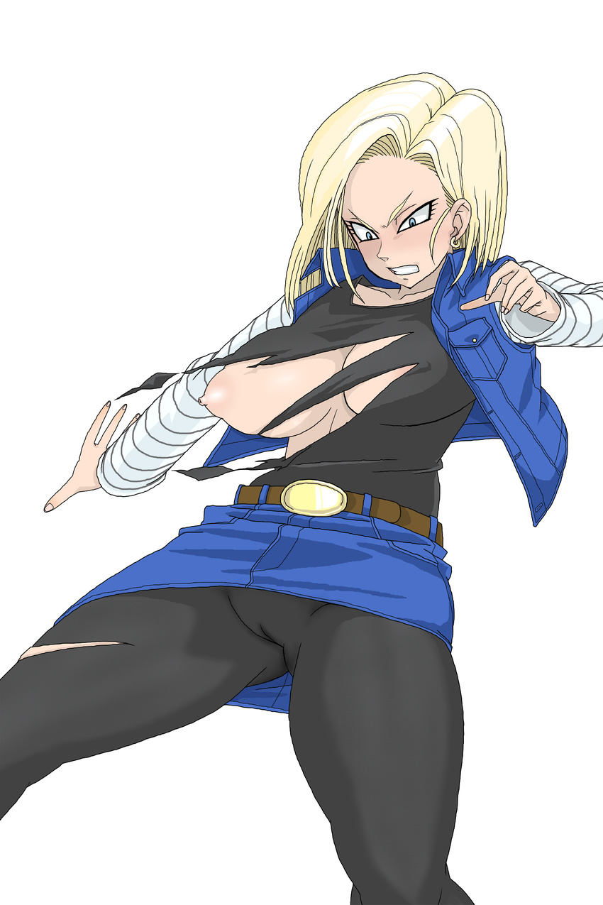 absurdres android_18 ass_visible_through_thighs belt black_legwear black_shirt blonde_hair blue_eyes blue_jacket blue_skirt blush breasts cameltoe clenched_teeth cowboy_shot dragon_ball highres jacket large_breasts long_sleeves looking_down miniskirt nipples open_clothes open_jacket pantyhose shirt short_hair simple_background skirt skirt_rise solo sorashu standing teeth torn_clothes torn_legwear white_background