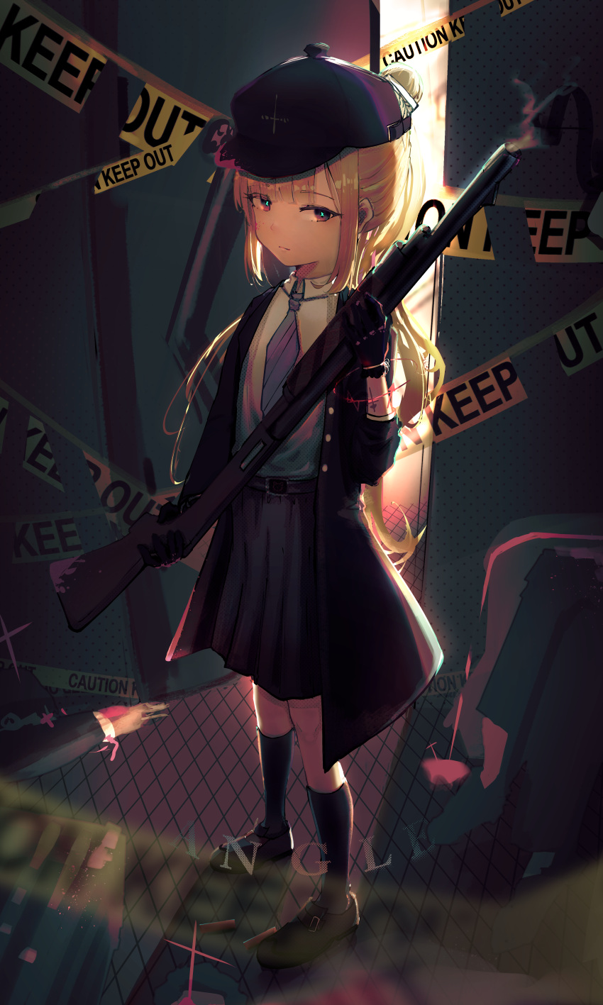 1girl absurdres black_headwear black_socks blonde_hair blue_coat blue_gloves blue_necktie brown_eyes brown_footwear coat collared_shirt commentary corpse dress_shirt english_commentary english_text gloves grey_skirt gun highres holding holding_gun holding_weapon keep_out kneehighs lemtun loafers long_hair looking_at_viewer necktie open_clothes open_coat original pleated_skirt ponytail shirt shoes shotgun shotgun_shell sidelocks skirt sleeves_past_wrists smoke smoking_gun socks solo weapon white_shirt