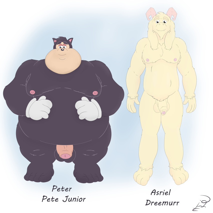 absurd_res anthro asriel_dreemurr black_body boss_monster bovid caprine disney domestic_cat duo felid feline felis fur goat goof_troop hi_res jon_noj male male/male mammal nude pj_(goof_troop) smile text undertale undertale_(series) white_body white_fur