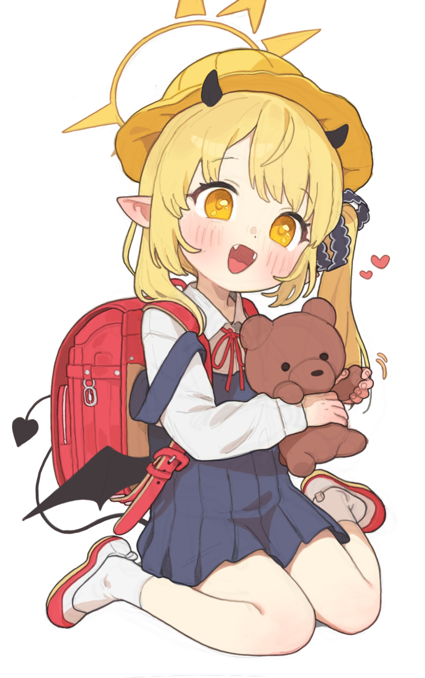 1girl backpack bag blonde_hair blue_archive blush bow bowtie commentary demon_horns demon_tail demon_wings dress dress_shirt fangs full_body halo heart highres holding holding_stuffed_toy horns ibuki_(blue_archive) long_sleeves looking_to_the_side medium_hair open_mouth opossumachine pinafore_dress pointy_ears randoseru red_bag red_bow red_bowtie red_footwear school_uniform shirt simple_background sitting sleeveless sleeveless_dress socks solo strap_slip stuffed_animal stuffed_toy tail teddy_bear wariza white_background white_socks wings yellow_eyes yellow_halo yellow_headwear