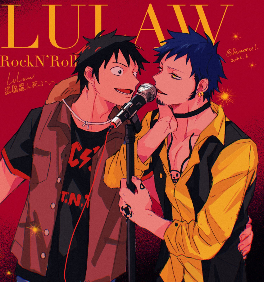 2boys ac/dc black_hair black_vest chest_tattoo choker commentary_request couple demorzel earrings english_text facial_hair goatee hand_on_another's_waist hand_tattoo hat highres jewelry looking_at_another male_focus microphone microphone_stand monkey_d._luffy multiple_boys music one_piece shirt short_hair short_sleeves singing smile standing straw_hat tattoo trafalgar_law twitter_username vest yaoi yellow_eyes yellow_shirt