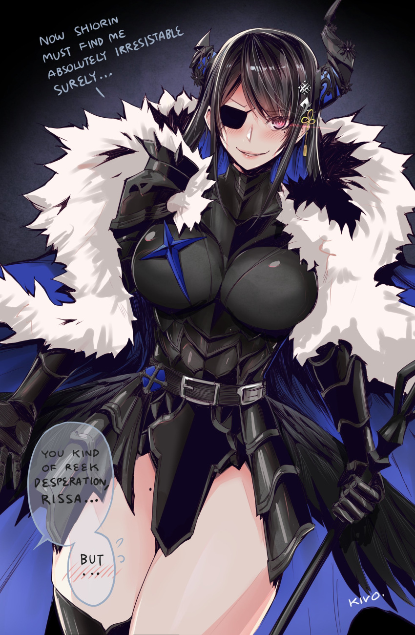 1girl absurdres armor armored_dress artist_name asymmetrical_horns black_hair blue_hair breastplate breasts colored_inner_hair commentary crystal_horn demon_horns english_commentary english_text eyepatch fur_trim hair_ornament highres hololive hololive_english horn_flower horns kivo large_breasts long_hair looking_at_viewer mole mole_under_eye multicolored_hair nerissa_ravencroft nerissa_ravencroft_(1st_costume) smile solo speech_bubble tassel tassel_hair_ornament uneven_horns very_long_hair virtual_youtuber zettai_ryouiki