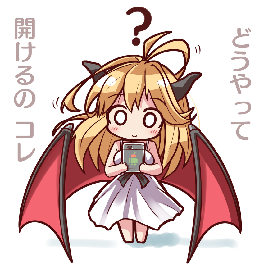 ? blonde_hair breasts c: chibi commentary highres horns large_breasts long_hair original ryogo smile solo translated wings