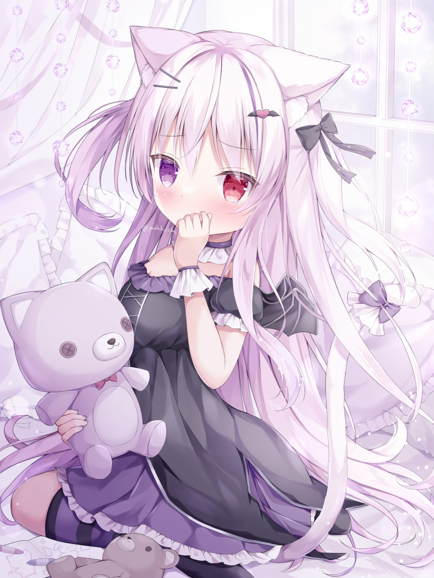 1girl absurdres animal_ears bat_wings bed_sheet bedroom black_bow black_dress blush bow cat_ears dress frilled_dress frills hair_bow hair_ornament heterochromia highres holding holding_stuffed_toy kneehighs long_hair multiple_hair_bows no_heterochromia on_bed original pillow purple_bow purple_eyes red_bow red_eyes socks stuffed_animal stuffed_cat stuffed_toy teddy_bear window wings yuduki_pdx