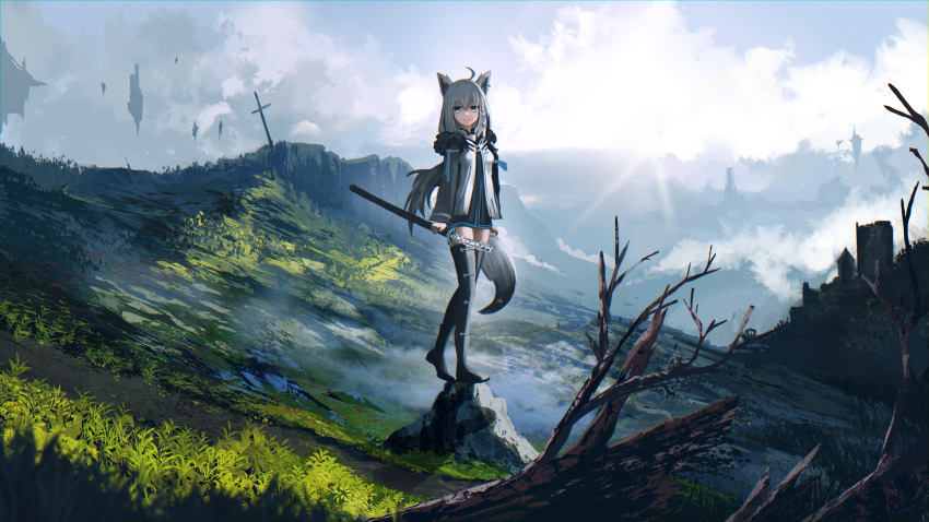 1girl absurdres advarcher ahoge animal_ear_fluff animal_ears bare_tree black_jacket blue_eyes blue_sky boots building closed_mouth cloud cloudy_sky commentary cross day english_commentary floating_island fox_ears fox_girl fox_tail full_body fur_trim grass highres holding holding_sheath hololive jacket landscape long_sleeves official_alternate_costume open_clothes open_jacket outdoors rock sheath shirakami_fubuki shirakami_fubuki_(fubukitek) shirt sky smile solo standing sun sunlight sword tail thigh_boots tree virtual_youtuber weapon white_hair zettai_ryouiki