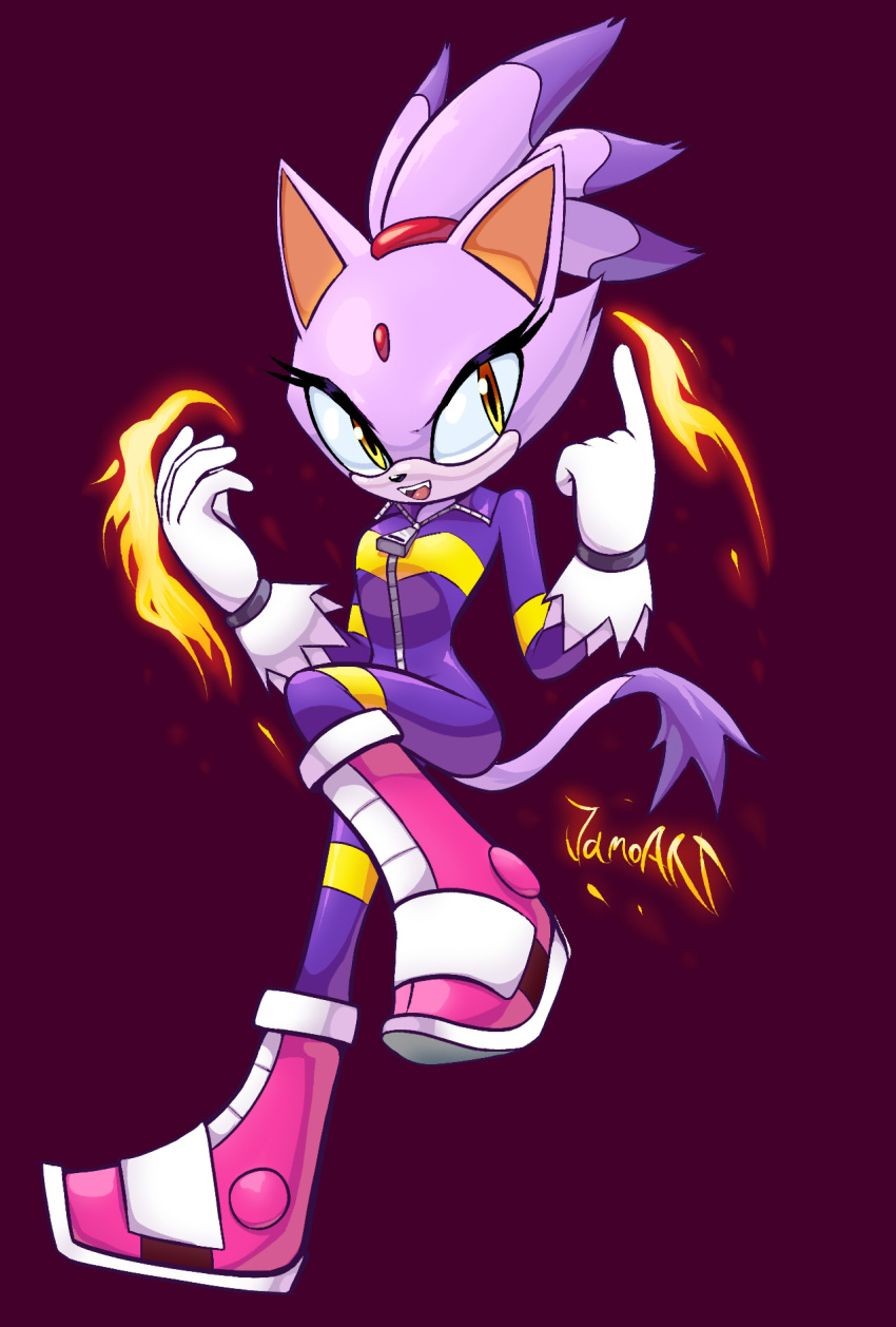 1girl animal_ears blaze_the_cat cat_ears cat_girl cat_tail fangs fire forehead_jewel furry furry_female gloves highres jamoart jumpsuit pink_footwear ponytail purple_fur purple_jumpsuit sonic_(series) sonic_riders tail white_gloves yellow_eyes zipper_pull_tab