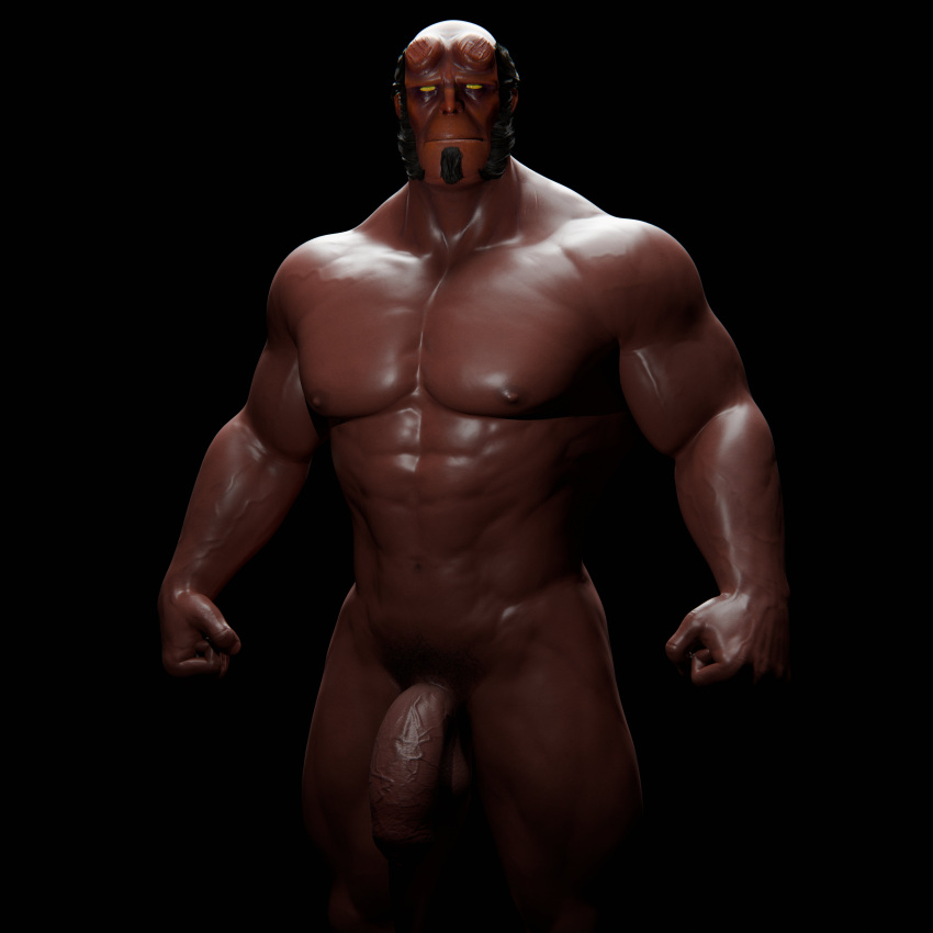 abs absurd_res balls biceps demon genitals hellboy_(character) hi_res humanoid male muscular muscular_humanoid muscular_male nipples pecs red_body red_skin solo voluox yellow_eyes