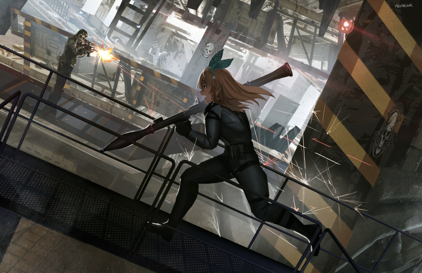 1boy 1girl absurdres advarcher assault_rifle battle blonde_hair commentary cosplay eyepatch firing green_ribbon gun hair_ribbon highres holding holding_gun holding_weapon industrial long_hair metal_gear_(series) metal_gear_1 metal_gear_solid_v:_the_phantom_pain muzzle_flash nijisanji nijisanji_en open_mouth pointy_ears pomu_rainpuff railing red_eyes ribbon rifle rocket_launcher rpg-7 rpg_(weapon) running scope solid_snake solid_snake_(cosplay) standing venom_snake virtual_youtuber weapon