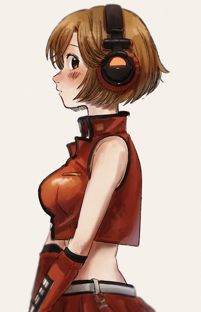 1girl blush breasts brown_eyes brown_hair closed_mouth commentary_request cropped_jacket elbow_gloves from_side gloves grey_background headphones highres jacket large_breasts looking_at_viewer looking_to_the_side meiko_(vocaloid) midriff nata_shelf profile raised_eyebrows red_gloves red_jacket red_skirt sakine_meiko short_hair simple_background skirt sleeveless sleeveless_jacket solo standing upper_body v_arms vocaloid