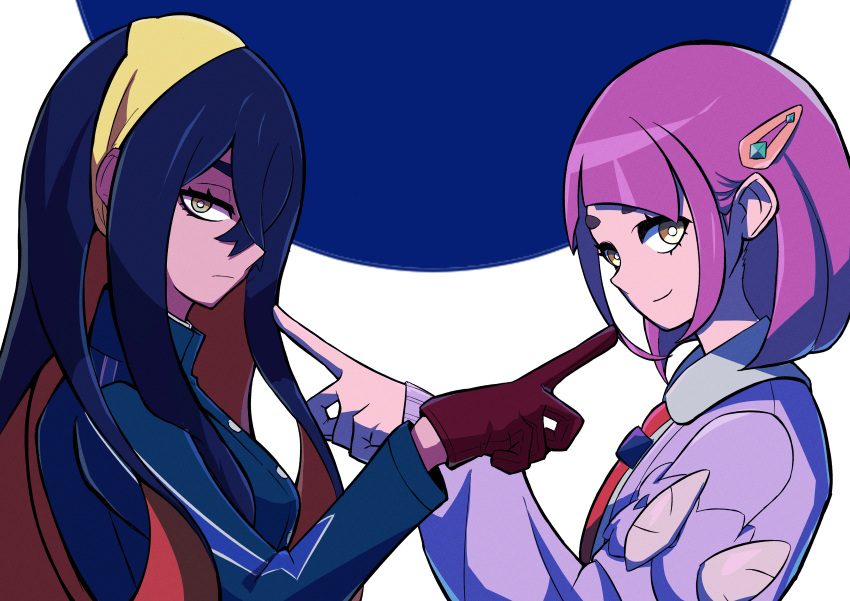 2girls absurdres arched_bangs black_hair blue_jacket buttons cardigan carmine_(pokemon) closed_mouth coat collared_shirt colored_inner_hair crossed_bangs eyelashes gloves hair_between_eyes hair_ornament hairband hairclip highres ida_(idalol490) identity_(vocaloid) jacket lacey_(pokemon) long_hair long_sleeves looking_at_viewer mole mole_under_eye multicolored_hair multiple_girls open_clothes open_coat pink_hair pointing pointing_at_another pokemon pokemon_sv purple_hair red_hair shirt smile two-tone_hair white_shirt yellow_eyes yellow_hairband