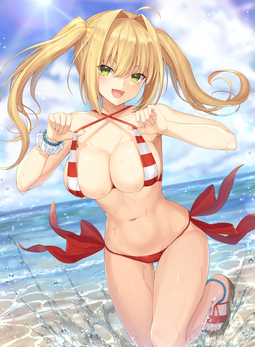 ahoge bangs beach bead_bracelet beads bikini blonde_hair blue_sky blush bracelet breasts cleavage cloud cloudy_sky commentary_request criss-cross_halter day dutch_angle eyebrows_visible_through_hair fate/grand_order fate_(series) green_eyes hair_between_eyes hair_intakes halterneck highres jewelry large_breasts lens_flare light_rays mashu_003 navel nero_claudius_(fate)_(all) nero_claudius_(swimsuit_caster)_(fate) ocean open_mouth outdoors red_bikini_bottom sandals scrunchie shiny shiny_skin side-tie_bikini sidelocks skindentation sky smile solo splashing strap_lift striped_bikini_top sunbeam sunlight swimsuit thigh_gap thighs twintails white_scrunchie wrist_scrunchie