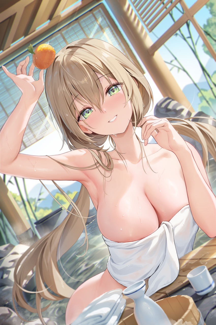 1girl absurdres arm_up armpits bottle breasts cleavage collarbone commentary_request cup dated_commentary elbow_rest food food_on_head fruit fruit_on_head green_eyes hair_between_eyes highres houkisei large_breasts long_hair looking_at_viewer low_twintails mandarin_orange momoko_(houkisei) naked_towel object_on_head onsen original parted_lips partially_submerged sake_bottle sky smile solo towel twintails wet