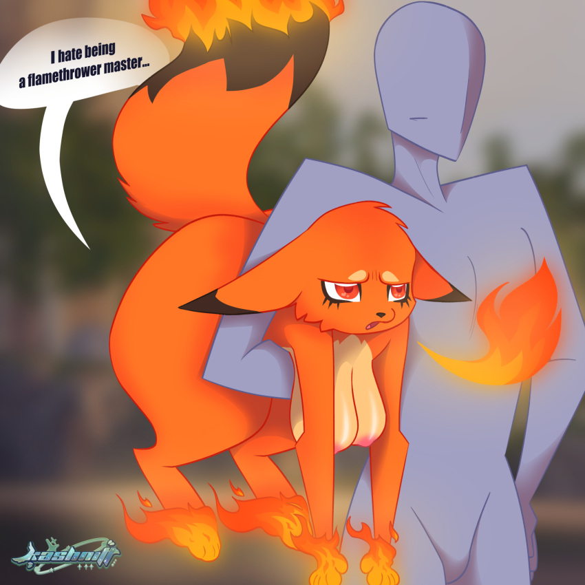 1:1 annoyed anthro big_breasts breasts breath_powers canid carrying_another dialogue duo elemental_manipulation faceless_character faceless_human female fire fire_breathing fire_manipulation flaming_tail fluffy fluffy_tail foxparks fur hi_res human human_on_anthro interspecies kashnitt male male/female mammal orange_body orange_fur pal_(species) palworld semi-anthro speech_bubble tail