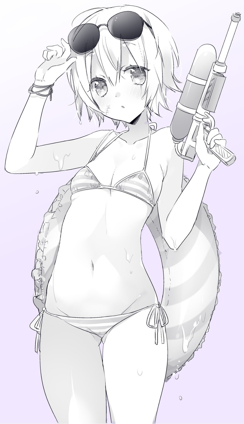 :o ass_visible_through_thighs bikini blush breasts cowboy_shot eyewear_on_head facial_scar fate/apocrypha fate_(series) finger_on_trigger gradient gradient_background greyscale gun hair_between_eyes halter_top halterneck highres holding holding_gun holding_weapon innertube jack_the_ripper_(fate/apocrypha) looking_at_viewer lowleg lowleg_bikini monochrome navel parted_lips purple_background scar short_hair side-tie_bikini simple_background sino_(sionori) small_breasts solo striped striped_bikini sunglasses swimsuit thigh_gap water_gun weapon wet wristband