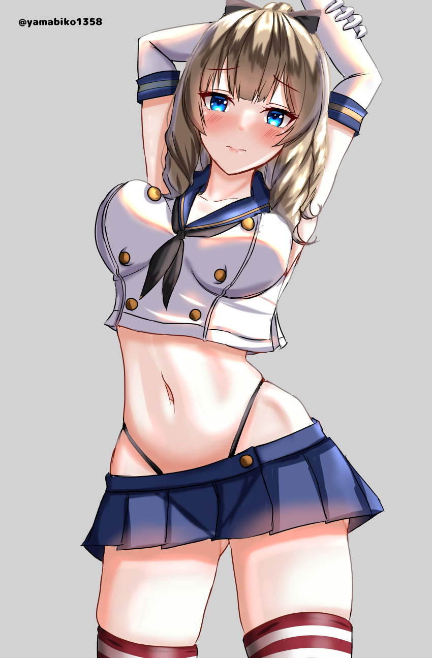 1girl 3: absurdres black_neckerchief black_panties black_ribbon blue_eyes blue_sailor_collar blue_skirt contrapposto cosplay crop_top drill_hair elbow_gloves gloves grey_background hatakaze_(kancolle) highleg highleg_panties highres kantai_collection light_brown_hair looking_at_viewer medium_hair microskirt miniskirt mizuki_(uzuki_no_sato) neckerchief one-hour_drawing_challenge panties pleated_skirt ribbon sailor_collar shimakaze_(kancolle) shimakaze_(kancolle)_(cosplay) shirt simple_background skirt sleeveless sleeveless_shirt solo striped_clothes striped_thighhighs thighhighs twitter_username underwear white_gloves