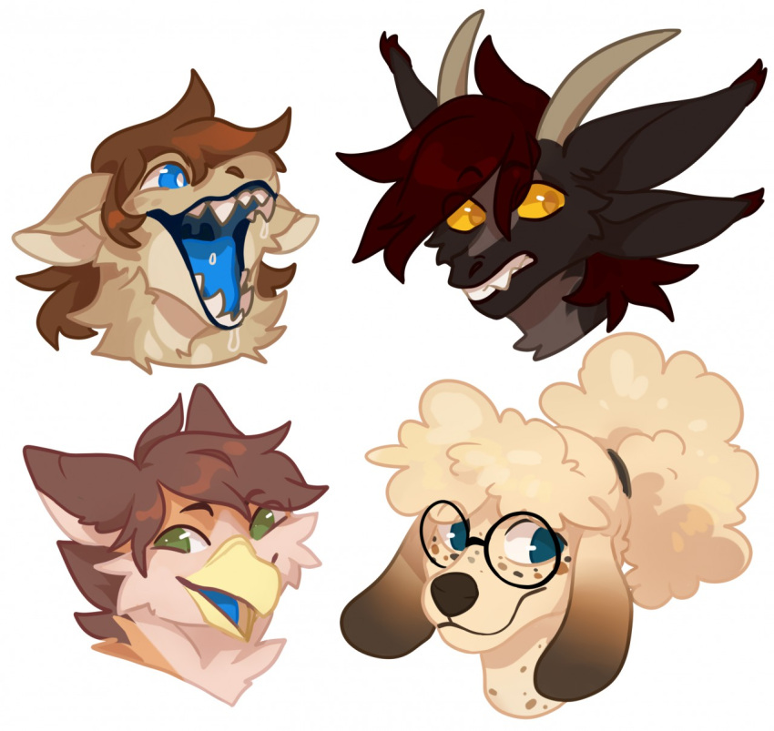 ambiguous_gender anthro avian blue_eyes blue_tongue bodily_fluids brown_hair canid canine canis cheek_tuft corzh77 domestic_dog dragon drooling facial_tuft fur furred_dragon glistening glistening_eyes green_eyes hair hi_res horn mammal mouth_closed multiple_images neck_tuft no_sclera open_mouth orange_body poodle pupils red_hair saliva simple_background solo tan_body tan_fur tan_hair tan_horn tongue tuft white_background white_pupils yellow_eyes
