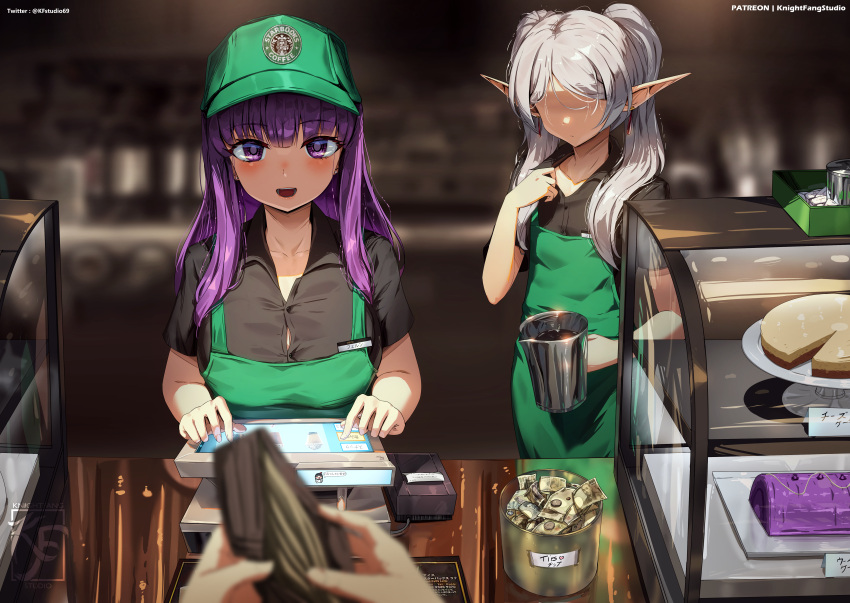 2girls absurdres apron artist_logo black_shirt blurry blurry_background blurry_foreground brand_name_imitation breasts cake collarbone collared_shirt commentary elf english_commentary fern_(sousou_no_frieren) food frieren green_apron grey_hair highres knightfang long_hair money multiple_girls no_eyes open_mouth paid_reward_available patreon_username pointy_ears purple_eyes purple_hair shirt sousou_no_frieren starbucks tablet_pc tip_jar twintails twitter_username wallet