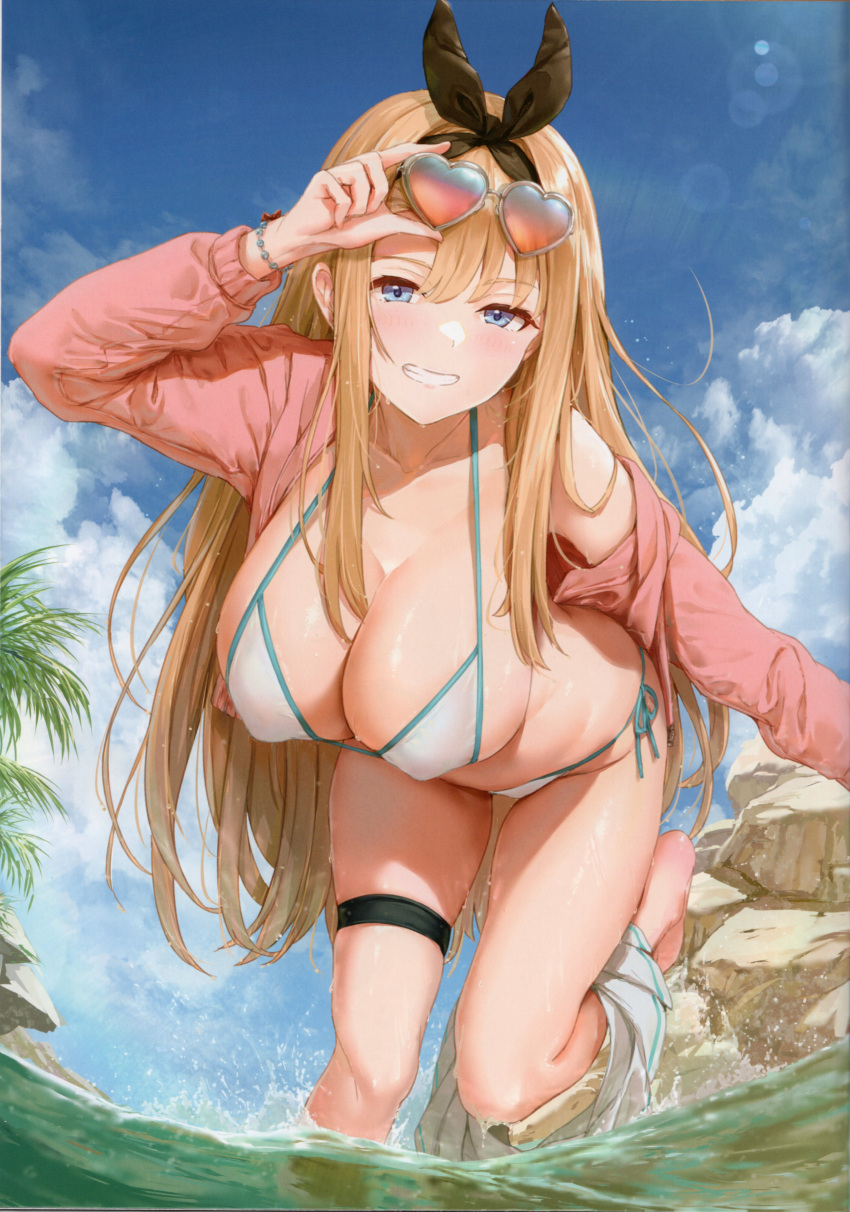 1girl absurdres akita_hika barefoot bikini blonde_hair blue_eyes blue_sky blush bracelet breasts cloud cloudy_sky collarbone day eyewear_on_head hair_ornament heart heart-shaped_eyewear highres holding jacket jewelry large_breasts leaning_forward leg_up long_hair looking_at_viewer off_shoulder open_clothes open_jacket original outdoors parted_lips scan shiny_skin sky smile solo sunglasses sunlight swimsuit teeth thigh_strap water_drop
