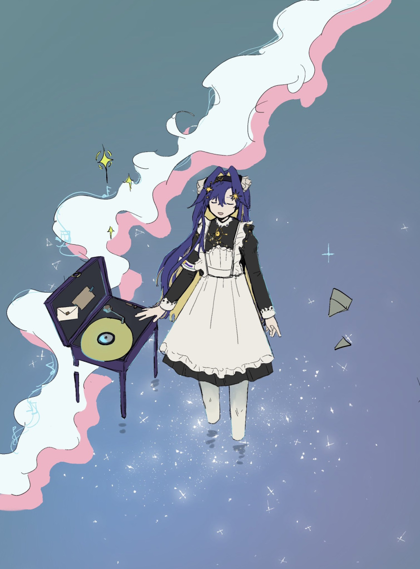 1girl apron black_dress chinese_commentary closed_eyes commentary_request dress hair_intakes hair_ornament highres long_hair long_sleeves maid_apron open_mouth purple_hair record reverse:1999 same_(uminiiru1000s) smile solo star_(sky) star_(symbol) star_hair_ornament turntable voyager_(reverse:1999) wading water white_apron