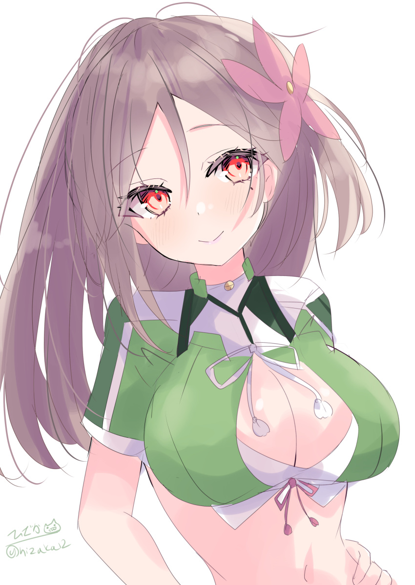 1girl absurdres amagi_(kancolle) breasts brown_hair cleavage cleavage_cutout clothing_cutout flower green_shirt hair_flower hair_ornament hand_on_own_hip highres hizaka kantai_collection large_breasts long_hair one-hour_drawing_challenge red_eyes shirt simple_background smile solo white_background