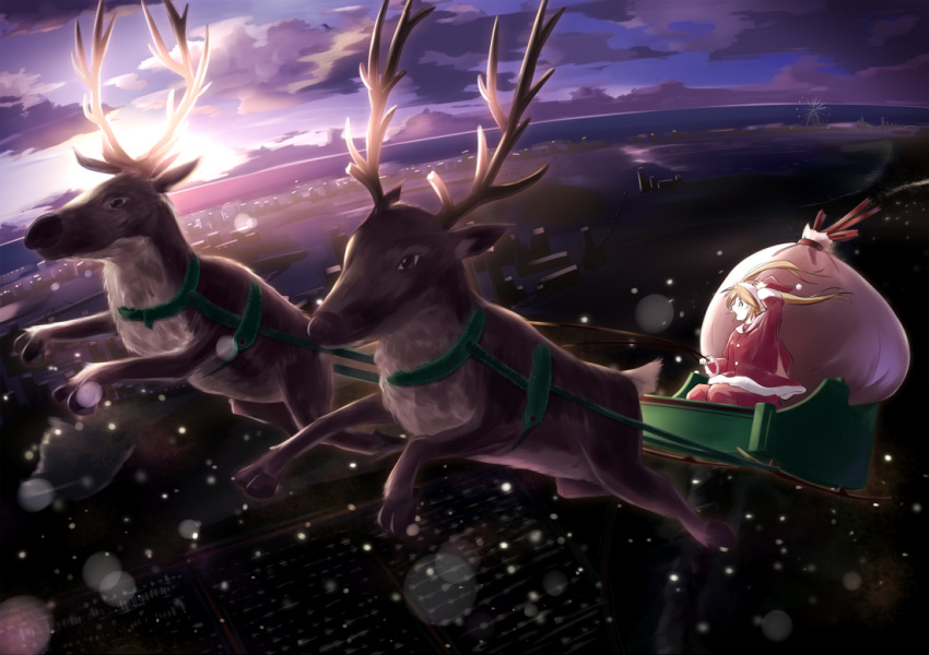 1girl arm_up blonde_hair christmas cityscape cloud cloudy_sky commentary_request floating_hair foreshortening gift_bag hat long_hair long_sleeves looking_afar midair nakatsu_shizuru open_mouth profile reindeer rewrite santa_costume santa_hat sky sleigh snowing solo sunrise tagame_(tagamecat) twintails wide_shot wind winter