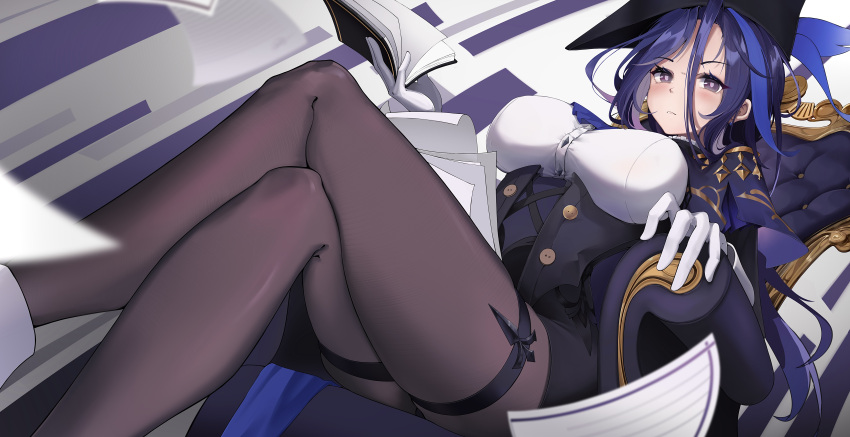 1girl absurdres ankle_boots armchair ascot black_corset black_pantyhose black_skirt blue_ascot blue_hair book boots breasts buttons chair clorinde_(genshin_impact) closed_mouth corset crossed_legs dark_blue_hair epaulettes feet_out_of_frame framed_breasts genshin_impact gloves hair_between_eyes hat highres holding holding_book large_breasts legs light_frown long_hair looking_at_viewer mcoco7 multicolored_hair on_chair open_book pantyhose pencil_skirt purple_eyes shirt sitting skirt solo streaked_hair taut_clothes taut_shirt thigh_strap tricorne very_long_hair white_gloves white_shirt