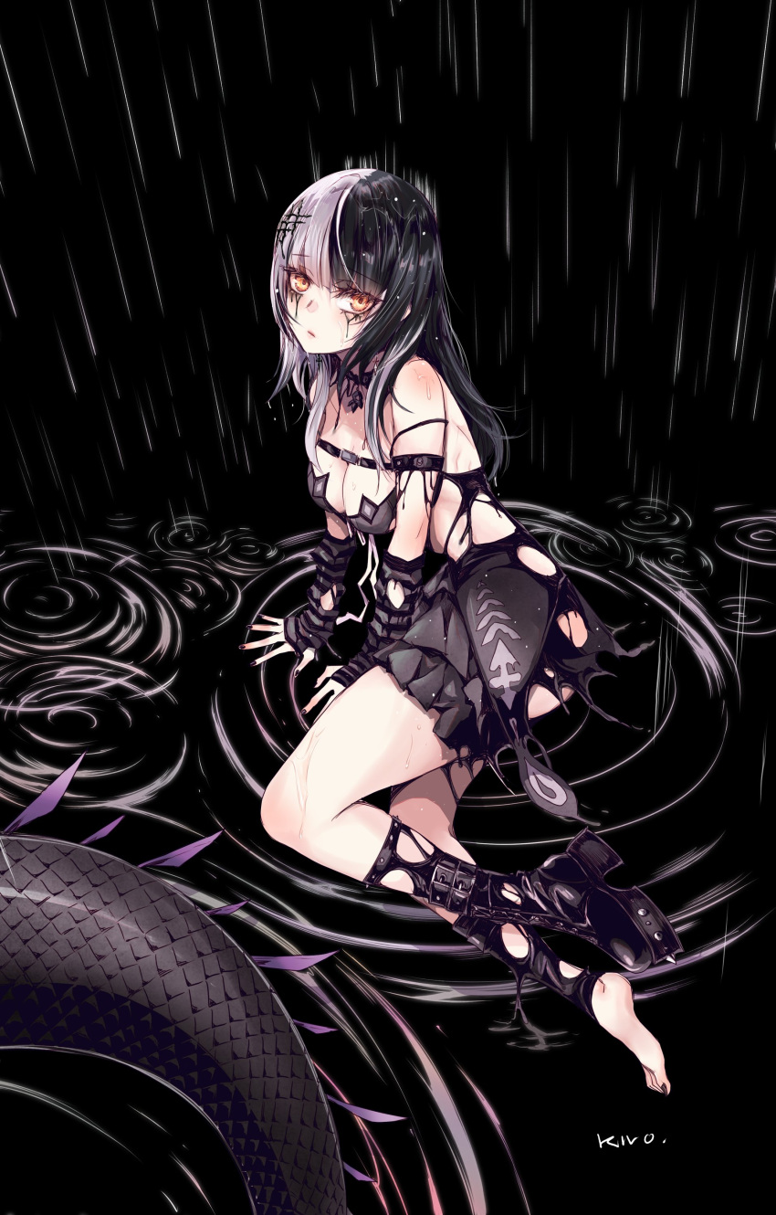 1girl absurdres artist_name black_background black_choker black_footwear black_hair black_nails boots breasts choker cleavage commentary dress english_commentary grey_hair hair_ornament highres hololive hololive_english kivo lace lace-trimmed_choker lace_choker lace_trim large_breasts long_hair looking_at_viewer multicolored_hair platform_boots platform_footwear puddle rain runny_makeup shiori_novella shiori_novella_(1st_costume) shoes simple_background single_shoe solo split-color_hair striped_arm_warmers tail torn_clothes two-tone_hair virtual_youtuber yellow_eyes