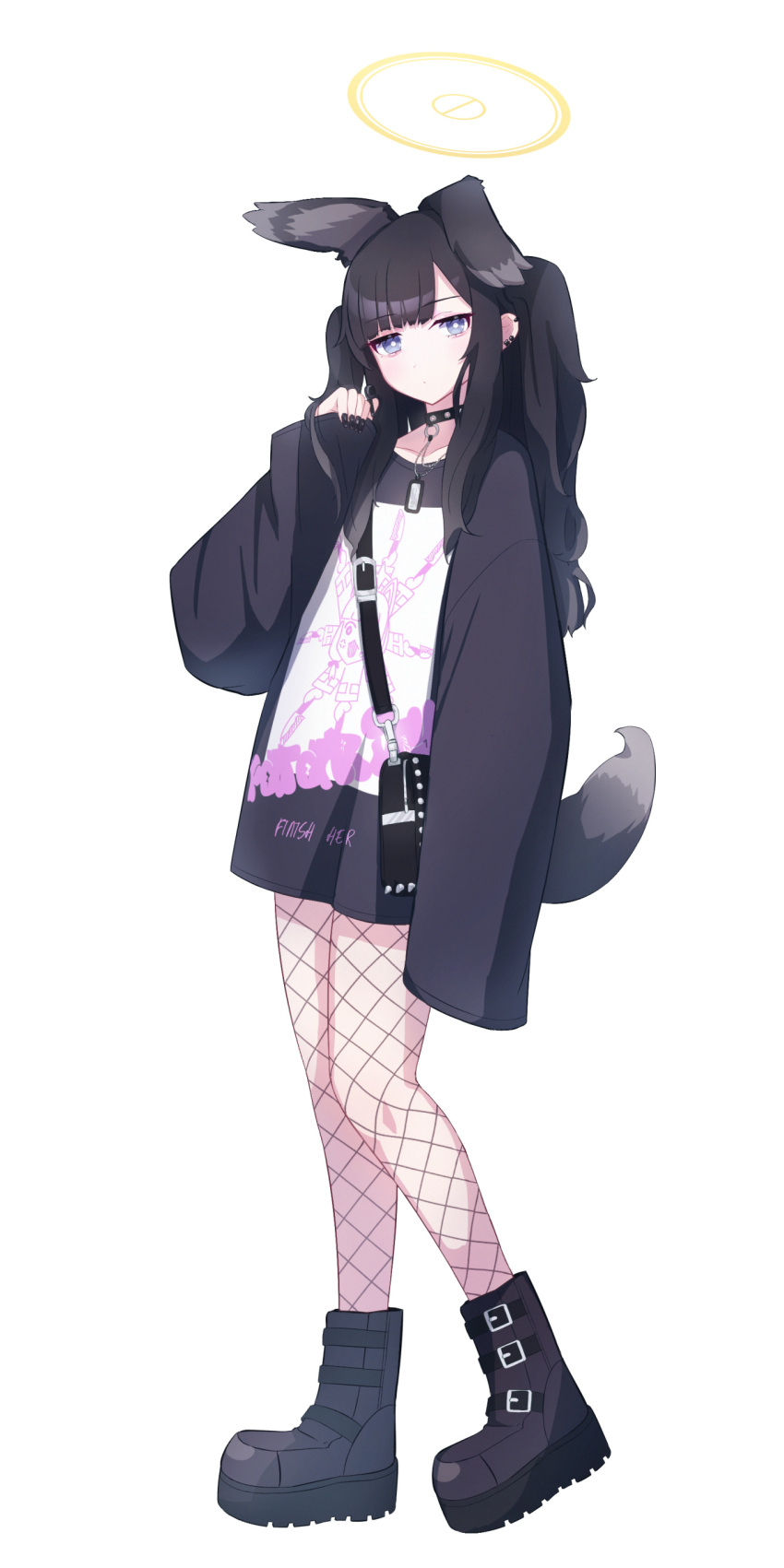 1girl absurdres animal_ears bags_under_eyes belt_boots black_choker black_footwear black_hair black_nails blue_archive blue_eyes boots bright_pupils choker closed_mouth collarbone dog_ears dog_tags dog_tail earphones earrings fingernails fishnet_pantyhose fishnets full_body halo hibiki_(blue_archive) highres holding holding_earphones jewelry long_fingernails long_sleeves makolas97 no_pants oversized_clothes oversized_shirt pantyhose platform_boots platform_footwear shirt sleeves_past_fingers sleeves_past_wrists solo tail white_pupils wireless_earphones yellow_halo