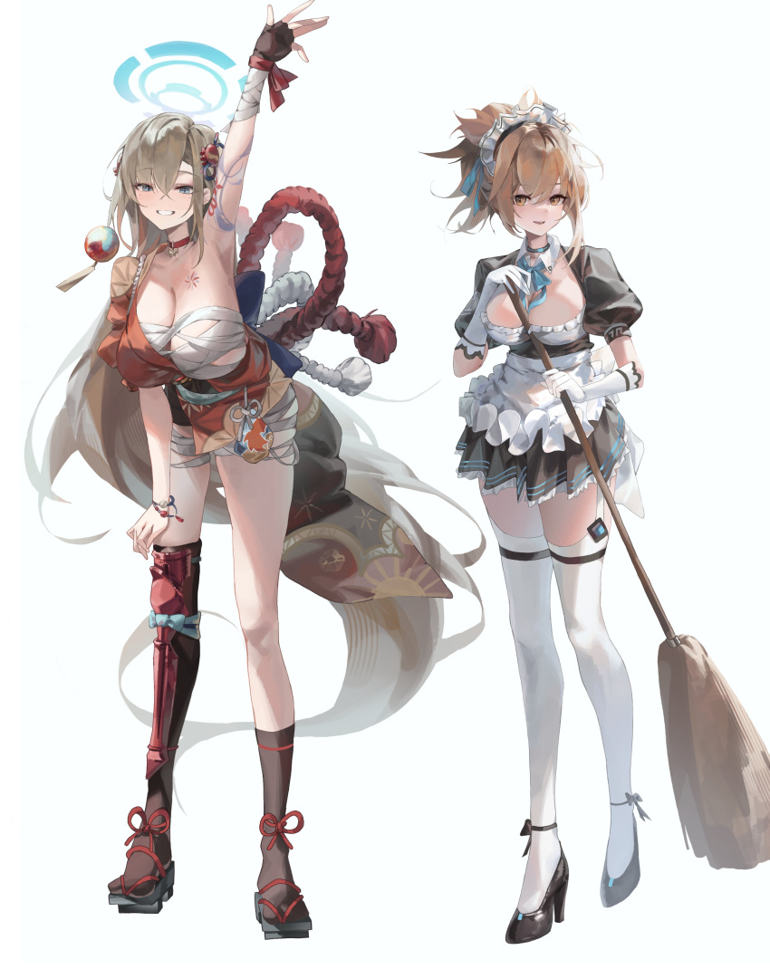 2girls absurdly_long_hair absurdres alternate_costume apron arm_tattoo arm_up asuna_(blue_archive) asuna_(blue_archive)_(cosplay) asymmetrical_legwear bandaged_arm bandaged_hand bandaged_leg bandages black_dress black_footwear black_socks black_thighhighs blonde_hair blue_archive blue_eyes blue_halo blue_ribbon bracelet breasts broom butterfly_choker chest_sarashi chest_tattoo choker chun_nam cleavage commentary cosplay costume_switch detached_collar dress enmaided frilled_apron frills full_body genshin_impact gloves grin hadanugi_dousa hair_ornament hair_ribbon halo high_heels highres holding holding_broom japanese_clothes jewelry kimono kneehighs large_breasts leaning_forward light_brown_hair long_hair looking_at_viewer maid maid_headdress multiple_girls open_mouth orange_choker orange_kimono puffy_short_sleeves puffy_sleeves ribbon rope sarashi shimenawa short_sleeves simple_background single_thighhigh smile socks symbol-only_commentary tabi tattoo thighhighs uneven_legwear very_long_hair white_apron white_background white_gloves white_thighhighs yellow_eyes yoimiya_(genshin_impact) yoimiya_(genshin_impact)_(cosplay)