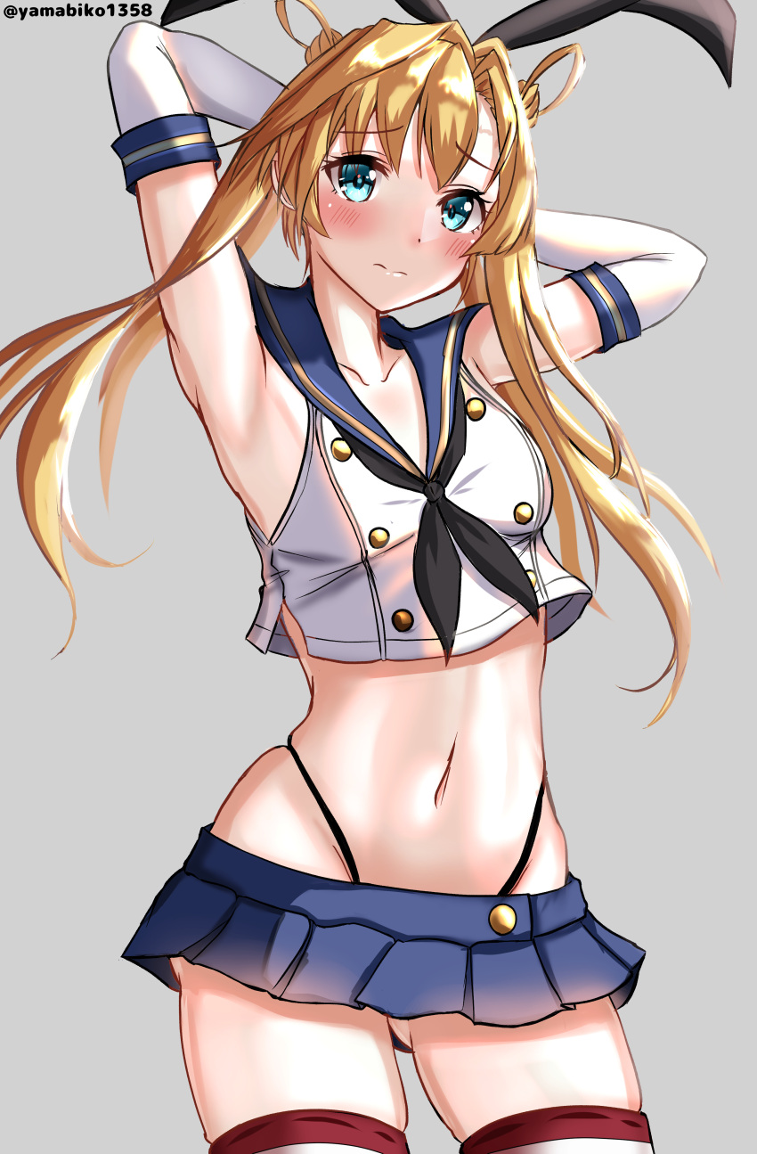 1girl absurdres abukuma_(kancolle) arms_behind_head ass_visible_through_thighs black_hairband black_neckerchief black_panties blonde_hair blue_eyes blue_sailor_collar blue_skirt breasts contrapposto cosplay crop_top double_bun elbow_gloves gloves grey_background hair_bun hair_rings hairband highleg highleg_panties highres kantai_collection long_hair looking_at_viewer microskirt miniskirt mizuki_(uzuki_no_sato) neckerchief panties pleated_skirt sailor_collar shimakaze_(kancolle) shimakaze_(kancolle)_(cosplay) shirt simple_background skirt sleeveless sleeveless_shirt small_breasts solo standing striped_clothes striped_thighhighs thighhighs twitter_username underwear white_gloves