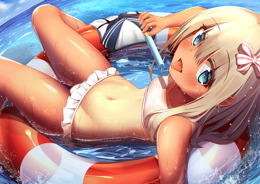 bangs bare_legs bare_shoulders bikini bikini_skirt blonde_hair blue_eyes blue_sky blush breasts day eyebrows_visible_through_hair food hair_ribbon higejii highres holding holding_food kantai_collection lifebuoy long_hair looking_at_viewer lying navel nontraditional_school_swimsuit ocean on_back outdoors popsicle ribbon ro-500_(kantai_collection) saliva saliva_trail school_swimsuit sky small_breasts smile solo stomach striped striped_ribbon summer swimsuit swimsuit_removed tan tongue tongue_out water wet white_bikini