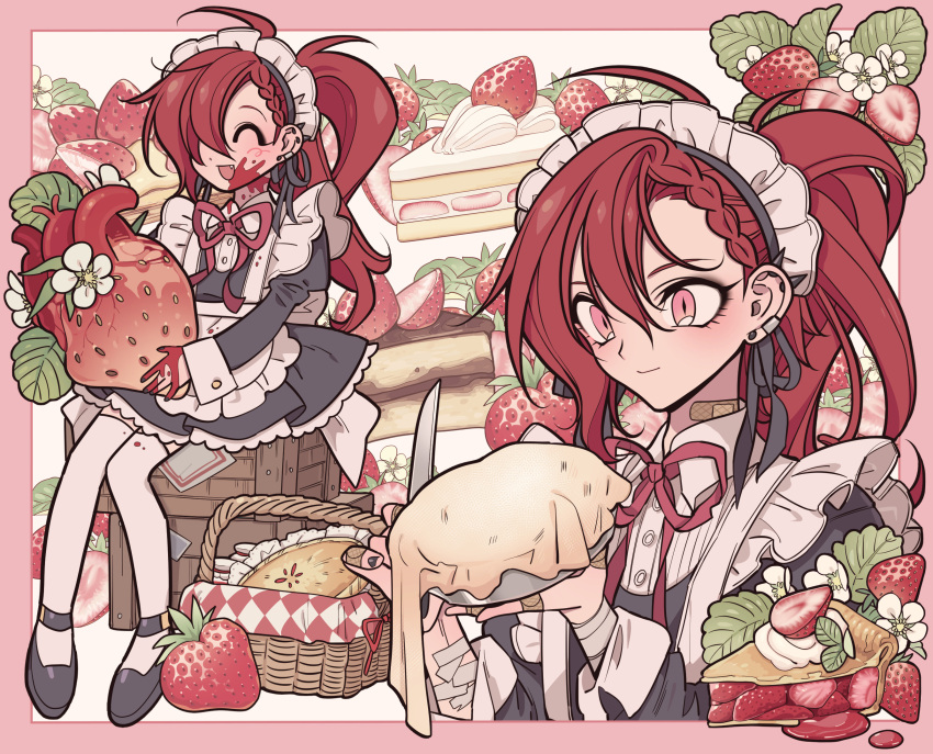 1other apron bandaid bandaid_on_hand black_dress black_footwear blood blood_on_face blood_on_hands cake cake_slice closed_eyes dress flower food frilled_apron frills fruit full_body hair_over_one_eye heart_(organ) highres holding holding_knife holding_plate juliet_sleeves kei_(meremero) knife leaf long_hair long_sleeves maid maid_apron maid_headdress meremero multiple_views neck_ribbon open_mouth original other_focus picnic_basket pie pie_slice plate ponytail puffy_sleeves red_eyes red_hair red_ribbon ribbon shoes sitting smile strawberry strawberry_pie strawberry_shortcake thighhighs upper_body waist_apron white_apron white_flower white_thighhighs wooden_box