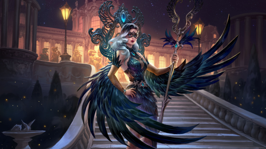 1girl absurdres bare_shoulders black_hair blue_eyes detached_sleeves european_architecture eye_mask feather_dress feathered_wings gradient_hair hand_on_own_hip highres holding holding_staff isis_(smite) isis_(smite)_(midnight_raven) lamppost long_hair looking_at_viewer multicolored_hair night official_alternate_costume official_art outdoors red_lips smite solo staff stairs white_hair wings