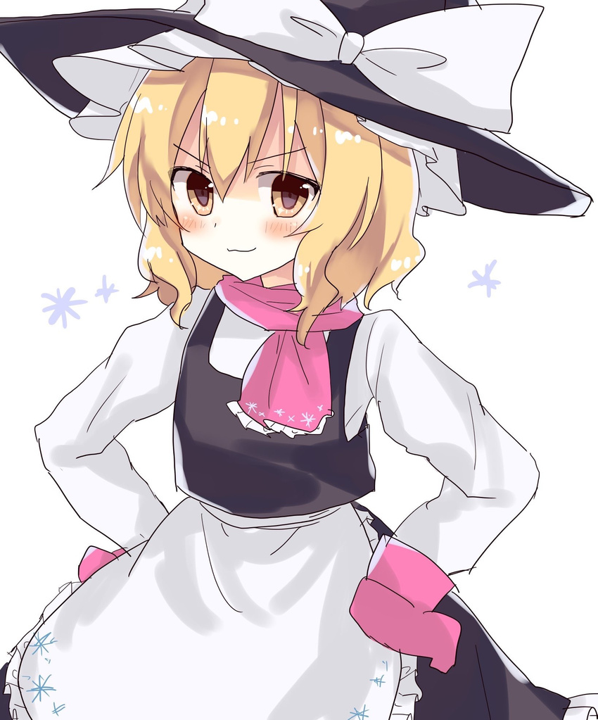 :3 apron blush commentary_request gloves hat hidden_star_in_four_seasons highres kirisame_marisa long_skirt long_sleeves pink_gloves pink_scarf scarf short_hair skirt smile solo touhou v-shaped_eyebrows vest waist_apron witch_hat yorurumo