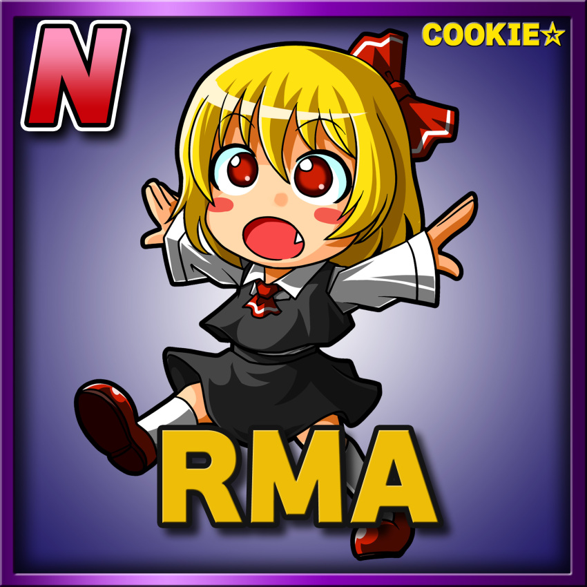 1girl :o ascot black_skirt black_vest blonde_hair border bow card_(medium) card_parody character_name chibi collared_shirt commentary_request cookie_(touhou) copyright_name fang flat_chest hair_bow highres long_sleeves meta_meta nadeko_(cookie) outstretched_arms purple_border red_ascot red_bow red_eyes red_footwear rumia shirt skirt skirt_set socks spread_arms star_(symbol) touhou vest walking white_shirt white_socks