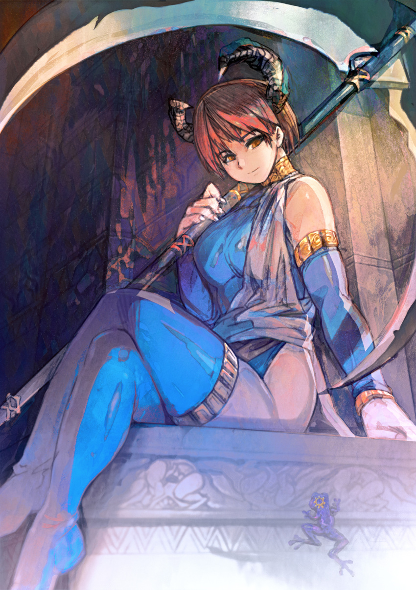 1girl blue_leotard blue_sleeves blue_thighhighs blurry breasts brown_eyes closed_mouth collar crossed_legs depth_of_field detached_sleeves frog from_software gold_collar gold_trim hand_up highres holding holding_scythe horns kondou_totetsu large_breasts leotard looking_at_viewer painterly red_hair robe rurufon scythe shadow_tower short_hair single_bare_shoulder sitting solo stone_wall thighhighs thighs white_robe