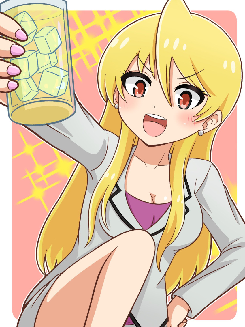 1girl :d akemi_(snack_basue) arm_up blonde_hair blush breasts character_request cleavage copyright_request cup drinking_glass earrings grey_jacket grey_skirt hair_between_eyes hand_on_own_hip highres holding holding_cup ice ice_cube jacket jewelry knee_up long_hair looking_at_viewer medium_breasts miniskirt nail_polish open_mouth pawavita-maio pencil_skirt pink_background pink_nails purple_shirt red_eyes shirt skirt smile snack_basue solo