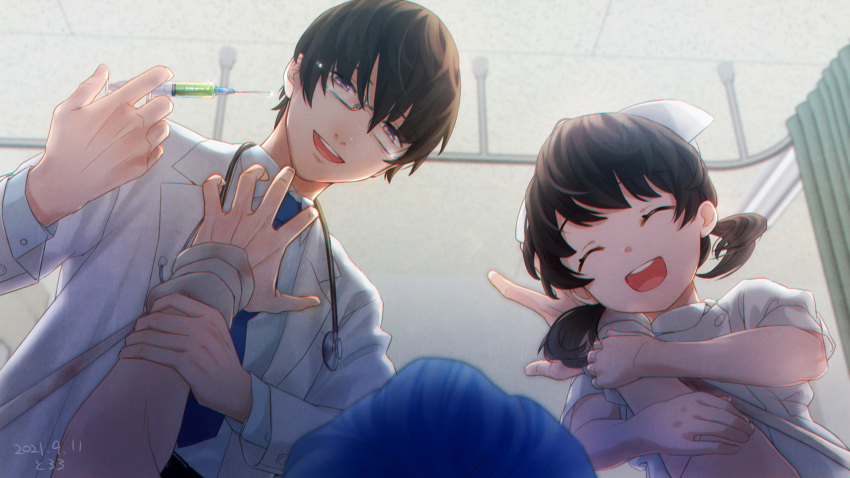 1girl 2boys ^_^ arm_grab arms_up black_hair blue_hair blue_necktie blurry blurry_background closed_eyes coat collared_shirt commentary_request dated doctor glasses grey_eyes half-closed_eyes hat highres hiyama_kiyoteru holding holding_syringe hospital indoors kaai_yuki lab_coat long_sleeves looking_at_another low_twintails multiple_boys nanaya_tororo necktie nurse nurse_cap open_clothes open_coat out_of_frame outstretched_arms puffy_short_sleeves puffy_sleeves restrained shirt short_hair short_sleeves short_twintails signature smile stethoscope syringe twintails vocaloid white_coat white_shirt