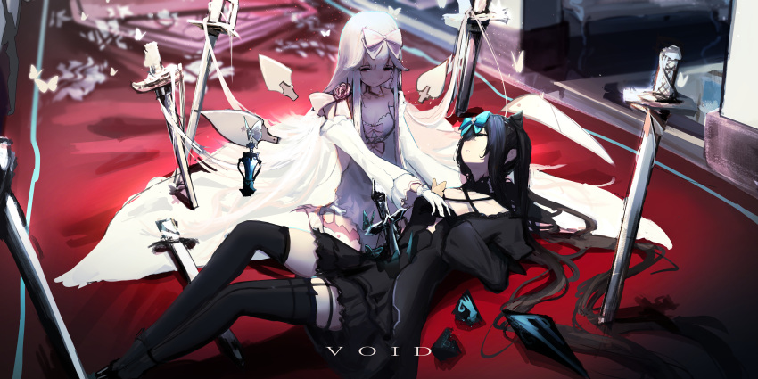 absurdres arcaea black_dress black_gloves black_hair blue_eyes bow breasts chinese_commentary commentary_request cone_hair_bun detached_sleeves dress english_commentary flower gloves hair_bow hair_bun hand_on_another's_chest highres hikari_(arcaea) impaled lemtun long_hair long_sleeves looking_at_another lying mixed-language_commentary on_back parted_lips red_eyes red_flower red_rose rose sidelocks small_breasts sword tairitsu_(arcaea) weapon white_dress white_gloves white_hair