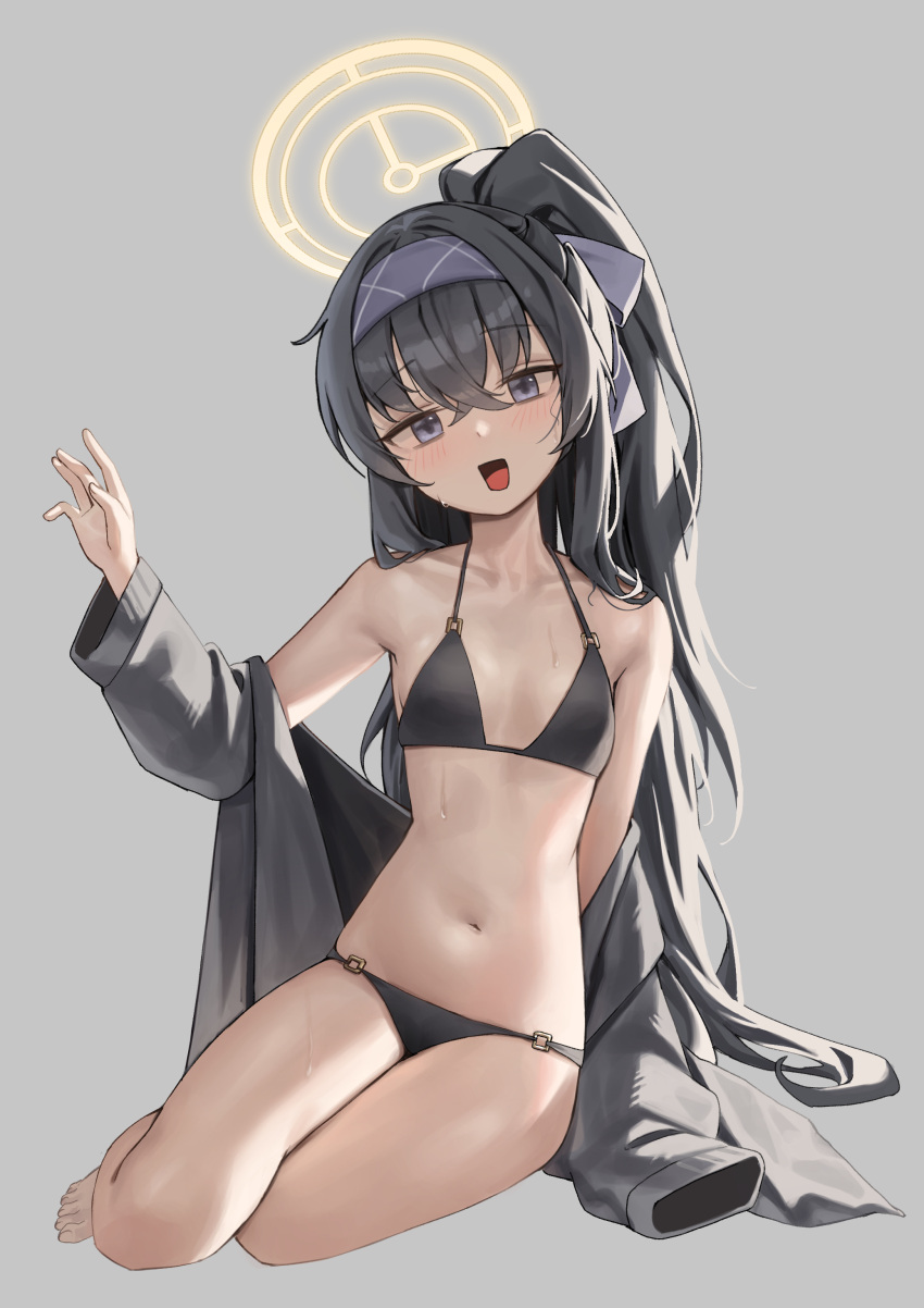 1girl :o absurdres bare_legs barefoot bikini black_bikini black_hair blue_archive blue_hairband blush breasts cardigan collarbone grey_background grey_cardigan hairband halo highres long_hair looking_at_viewer mansu_(user_pnmp4287) navel ponytail purple_eyes simple_background sitting small_breasts solo stomach swimsuit ui_(blue_archive) ui_(swimsuit)_(blue_archive) very_long_hair yokozuwari