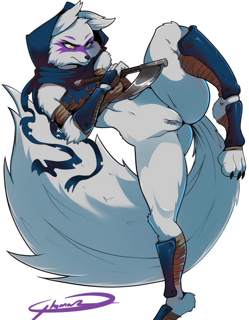 2023 alopex anthro arctic_fox arm_wraps bottomless bottomless_anthro bottomless_female breasts canid canine clothed clothing facial_markings female fox full-length_portrait fur genitals grey_background head_markings hi_res kusarigama mammal markings mask_(marking) portrait pussy shin_guards simple_background small_breasts solo standing teenage_mutant_ninja_turtles third-party_edit white_body white_fur wraps
