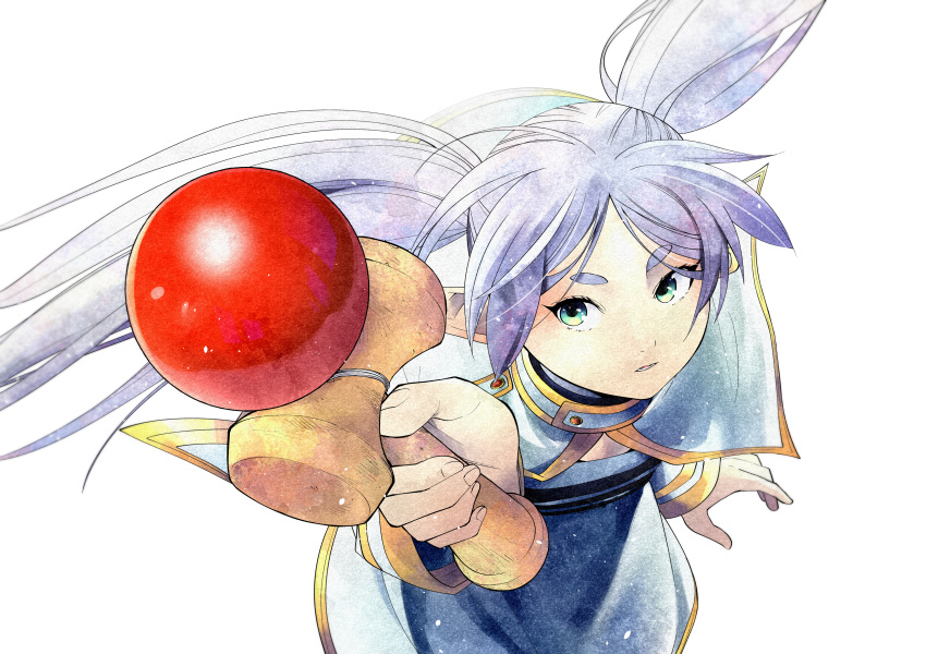 0827jona 1girl absurdres capelet commentary_request frieren from_above green_eyes highres holding holding_toy kendama long_hair lower_teeth_only open_mouth parted_bangs pointy_ears simple_background solo sousou_no_frieren teeth toy twintails white_background white_capelet white_hair