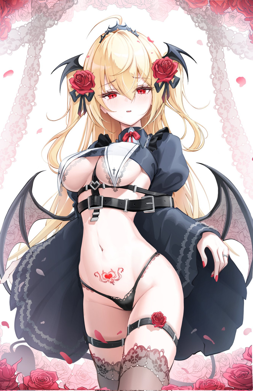 1girl belt black_belt black_thighhighs blonde_hair blush breasts demon_girl demon_tail demon_wings falling_petals flower hair_flower hair_ornament highres kira_(kira78718520) large_breasts long_hair long_sleeves looking_at_viewer navel open_mouth original petals pointy_ears pubic_tattoo red_eyes red_flower red_rose revealing_clothes rose solo tail tattoo thigh_strap thighhighs underboob wide_sleeves wings