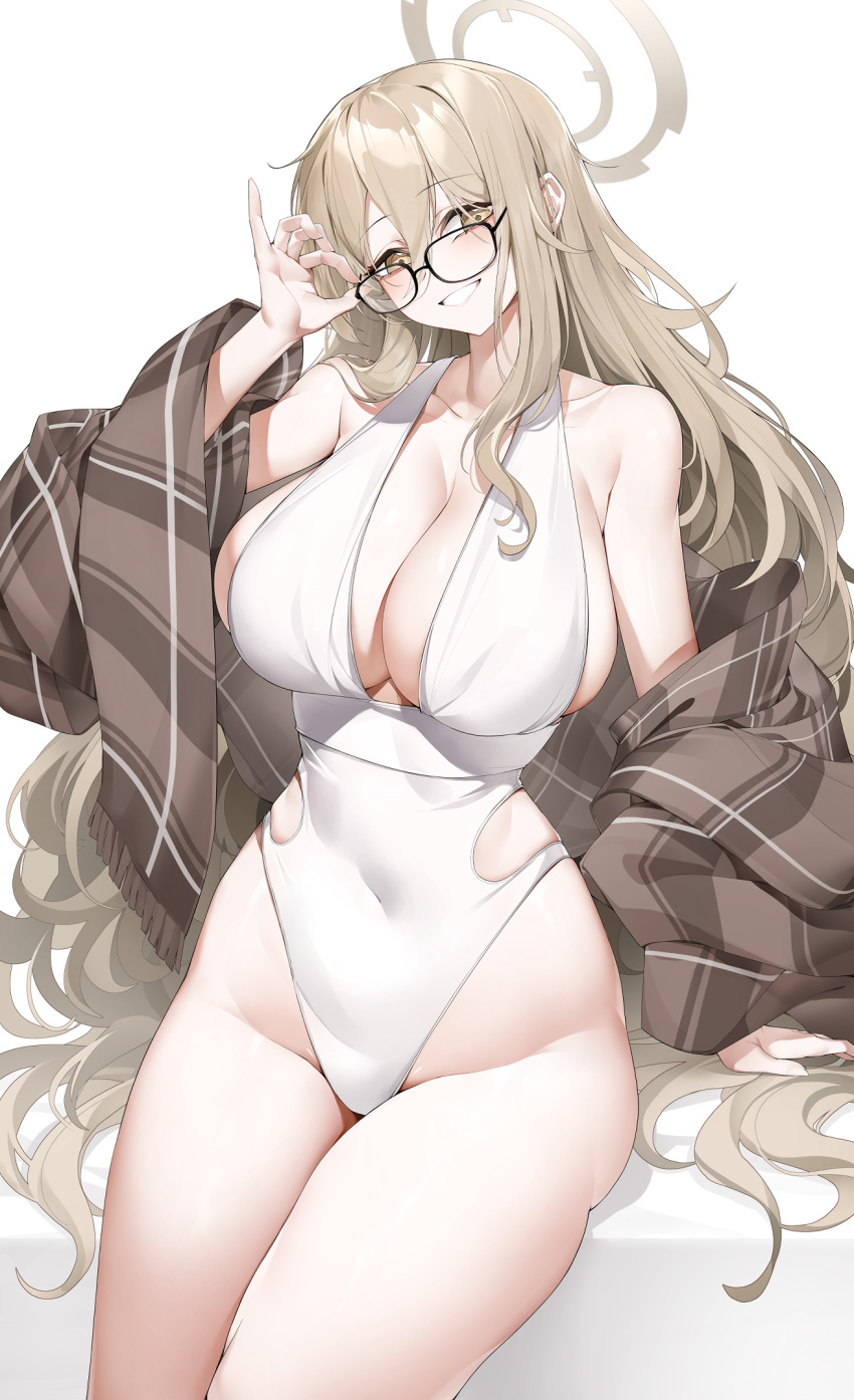 1girl adjusting_eyewear akane_(blue_archive) black-framed_eyewear blue_archive blush breasts brown_shawl casual_one-piece_swimsuit casul cleavage covered_navel feet_out_of_frame glasses groin hair_between_eyes halo hand_on_eyewear head_tilt highres hip_vent huge_breasts light_brown_hair long_hair looking_at_viewer one-piece_swimsuit shawl sideboob sitting skindentation smile solo swimsuit very_long_hair white_one-piece_swimsuit