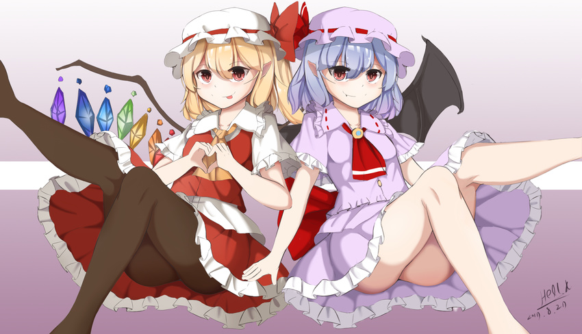 :p artist_name bare_legs bat_wings blonde_hair blue_hair brooch brown_legwear cravat dated fang fang_out flandre_scarlet frilled_skirt frills gradient gradient_background hair_between_eyes hat hat_ribbon heart heart_hands hell.k highres jewelry leg_lift looking_at_viewer mob_cap multiple_girls pantyhose pointy_ears purple_background red_eyes remilia_scarlet ribbon short_hair short_sleeves siblings side-by-side side_ponytail sisters sitting skirt skirt_set smile striped striped_background tongue tongue_out touhou wings