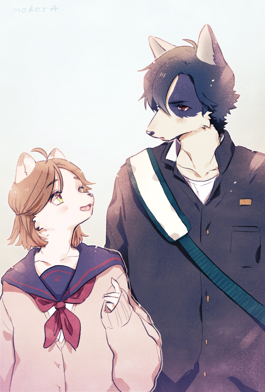 1boy 1girl ahoge animal_ears artist_name bag blue_background blue_fur blue_hair blue_sailor_collar body_fur breast_pocket brown_eyes brown_fur brown_hair cardigan dog_boy dog_ears dog_girl fang furry furry_female furry_male gakuran gradient_background green_eyes hand_up highres looking_at_another medium_hair mokotalow11 neckerchief open_mouth original pocket red_neckerchief sailor_collar school_uniform shirt short_hair shoulder_bag simple_background sleeves_past_wrists standing upper_body white_shirt