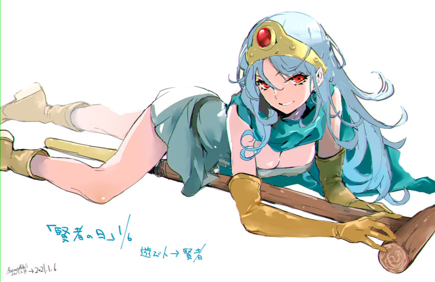 1girl ankle_boots bare_shoulders belt blue_cape blue_hair boots breasts cape circlet cleavage commentary_request dragon_quest dragon_quest_iii dress elbow_gloves flower gem gloves glowing glowing_eyes highres himiko_(326ontheweb) large_breasts long_hair looking_at_viewer lying on_stomach parted_lips red_eyes red_gemstone sage_(dq3) short_dress simple_background smile smug solo staff strapless strapless_dress white_dress yellow_flower yellow_gloves