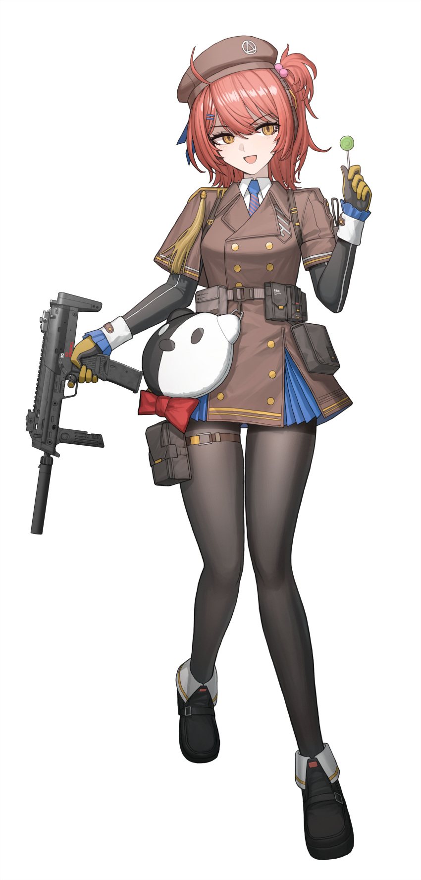 :d absurdres ahoge beret black_pantyhose blue_necktie breasts brown_coat brown_headwear candy cheogtanbyeong coat collared_shirt diagonal-striped_clothes diagonal-striped_necktie finger_on_trigger food full_body girls'_frontline girls'_frontline_2:_exilium gloves gun h&amp;k_mp7 hair_between_eyes hair_ornament hairclip hand_up hat highres holding holding_candy holding_food holding_lollipop holding_weapon large_breasts lollipop looking_at_food necktie one_side_up pantyhose pink_hair pouch shirt short_sleeves smile striped_clothes submachine_gun suppressor tassel thigh_pouch weapon white_shirt yellow_eyes