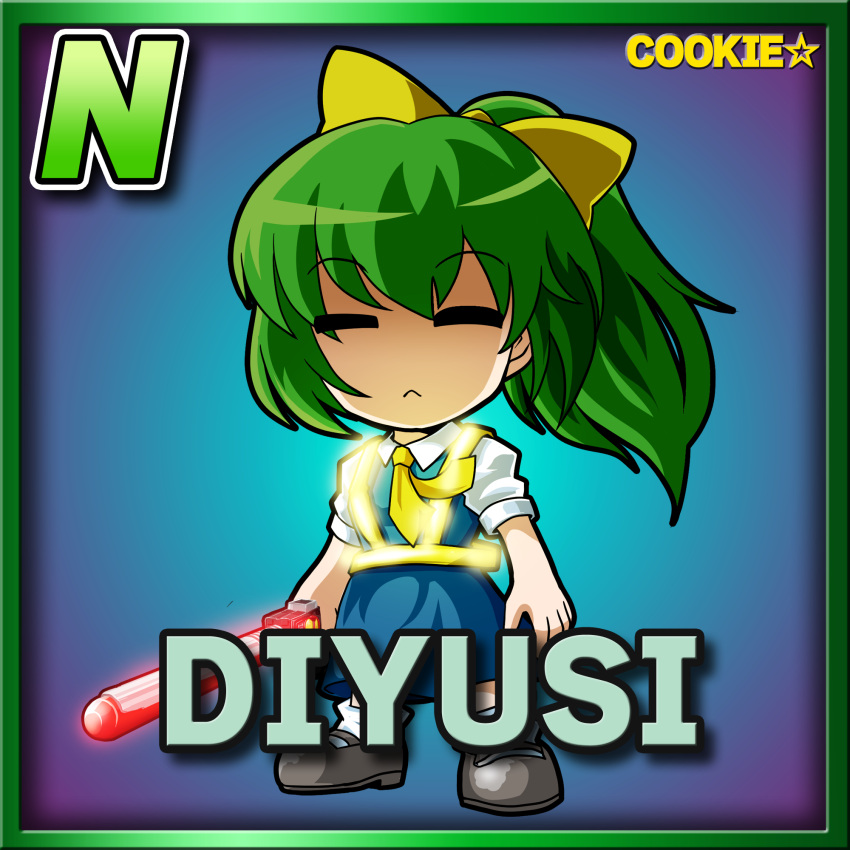 1girl :&lt; blue_background blue_skirt blue_vest border bow brown_footwear card_(medium) card_parody character_name chibi closed_eyes closed_mouth commentary_request cookie_(touhou) copyright_name daiyousei diyusi_(cookie) expressionless full_body green_border green_hair hair_bow high-visibility_vest highres holding long_hair mary_janes medium_bangs meta_meta necktie ponytail shirt shoes short_sleeves skirt skirt_set socks solo standing star_(symbol) touhou traffic_baton vest white_shirt white_socks yellow_bow yellow_necktie