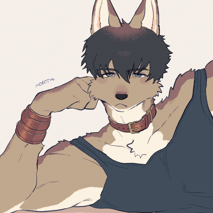 1boy :&lt; animal_collar animal_ears artist_name black_tank_top body_fur brown_background brown_collar brown_fur brown_hair closed_mouth collar dog_boy dog_ears furry furry_male grey_eyes hair_between_eyes hand_on_own_face head_rest highres looking_at_viewer lying male_focus mokotalow11 on_side original short_hair simple_background single_bracer solo tank_top